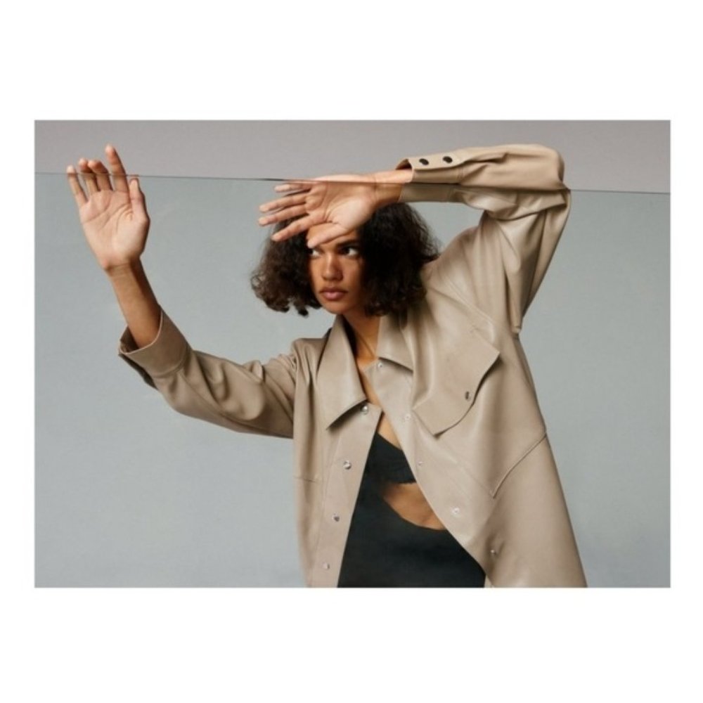 ZARA Women's Size Small Beige Faux Leather Oversized Overshirt Button Up Shacket